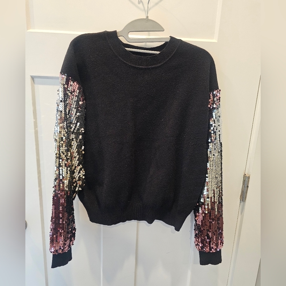 LUSH Black Sequin Sleeve Sweater Women’s Small – Multicolor Sparkle Party Pullov